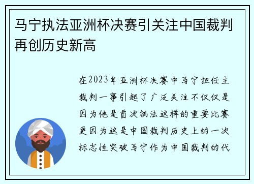 马宁执法亚洲杯决赛引关注中国裁判再创历史新高