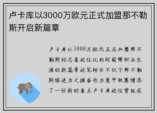 卢卡库以3000万欧元正式加盟那不勒斯开启新篇章